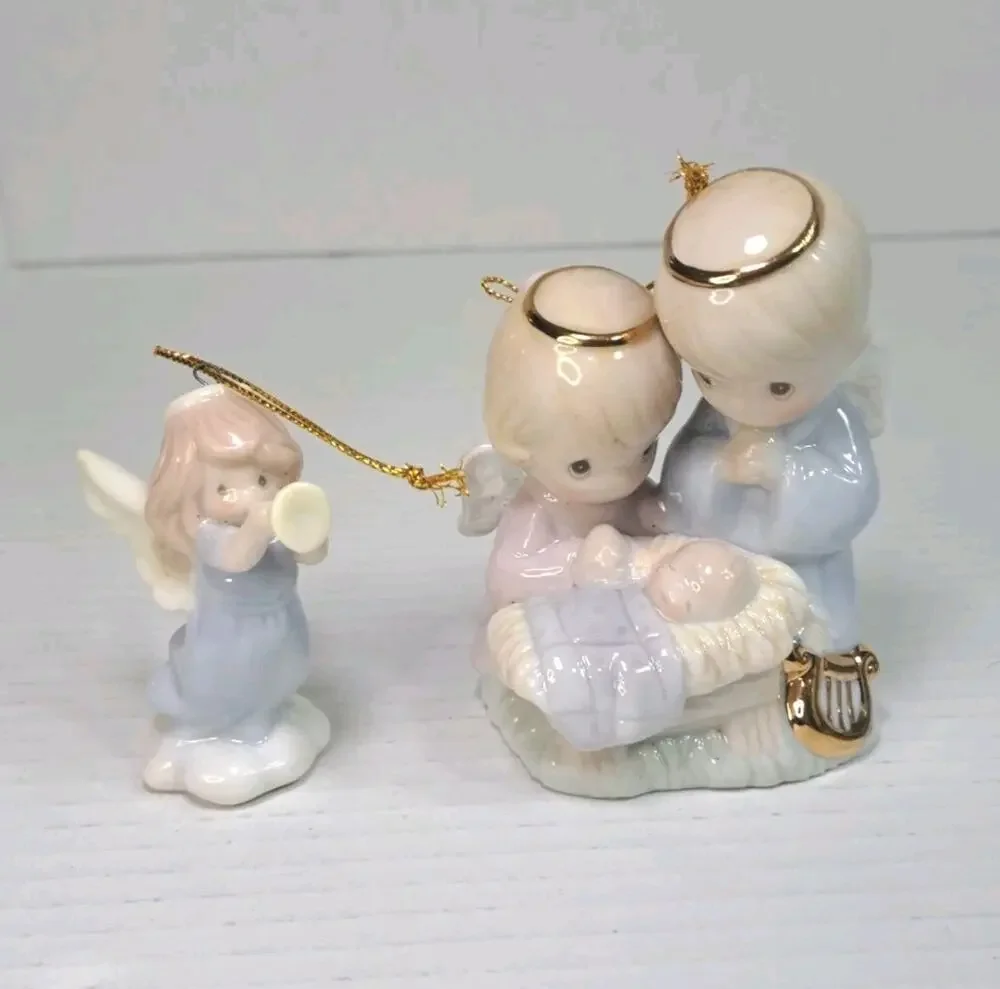 Precious Moments Nativity Holy Family 1997 & Angel Horn Girl Ornament Lot Enesco